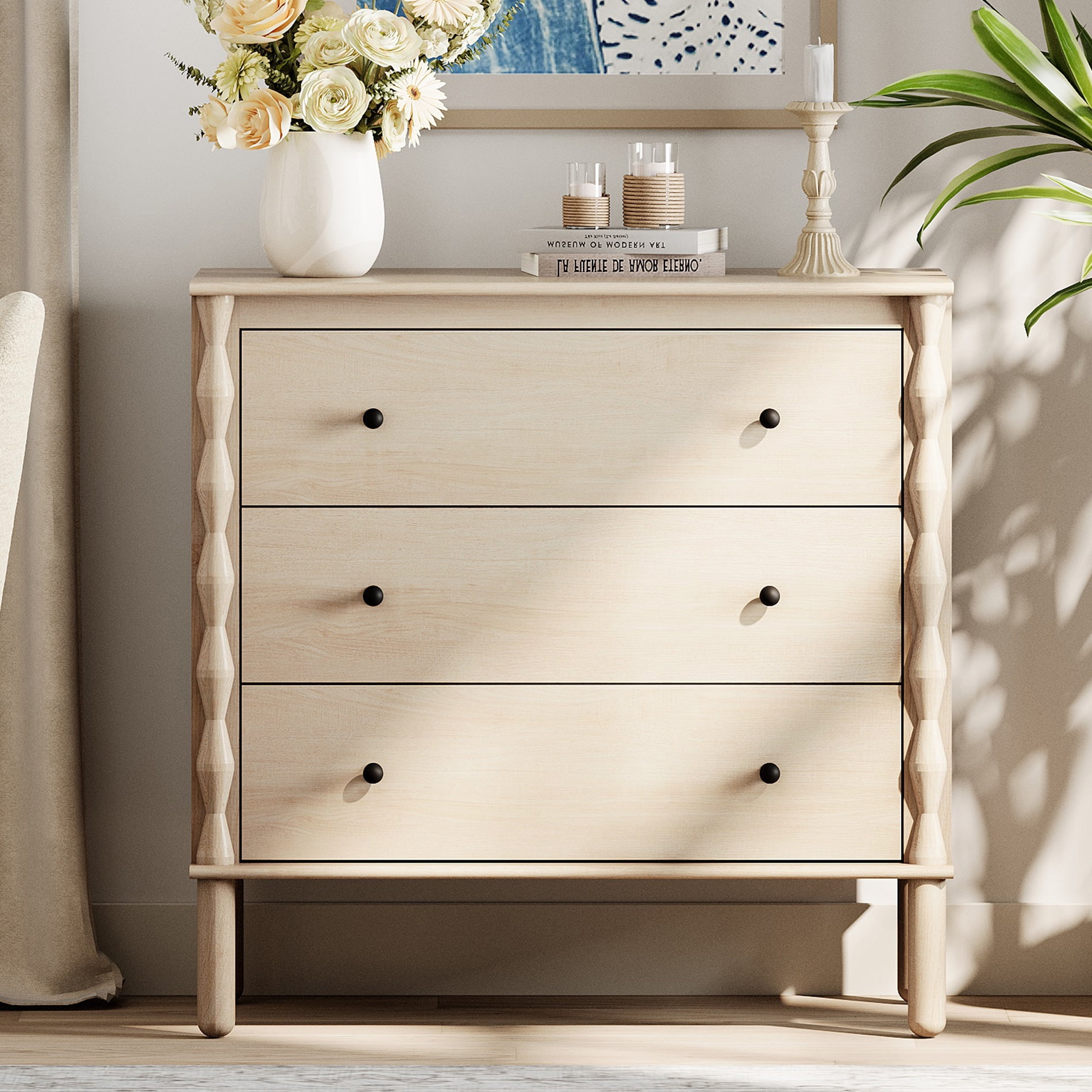 WAMPAT Wooden Sideboard with 3 Deeper and pre‑assembled Drawer for Dining Room,Natural