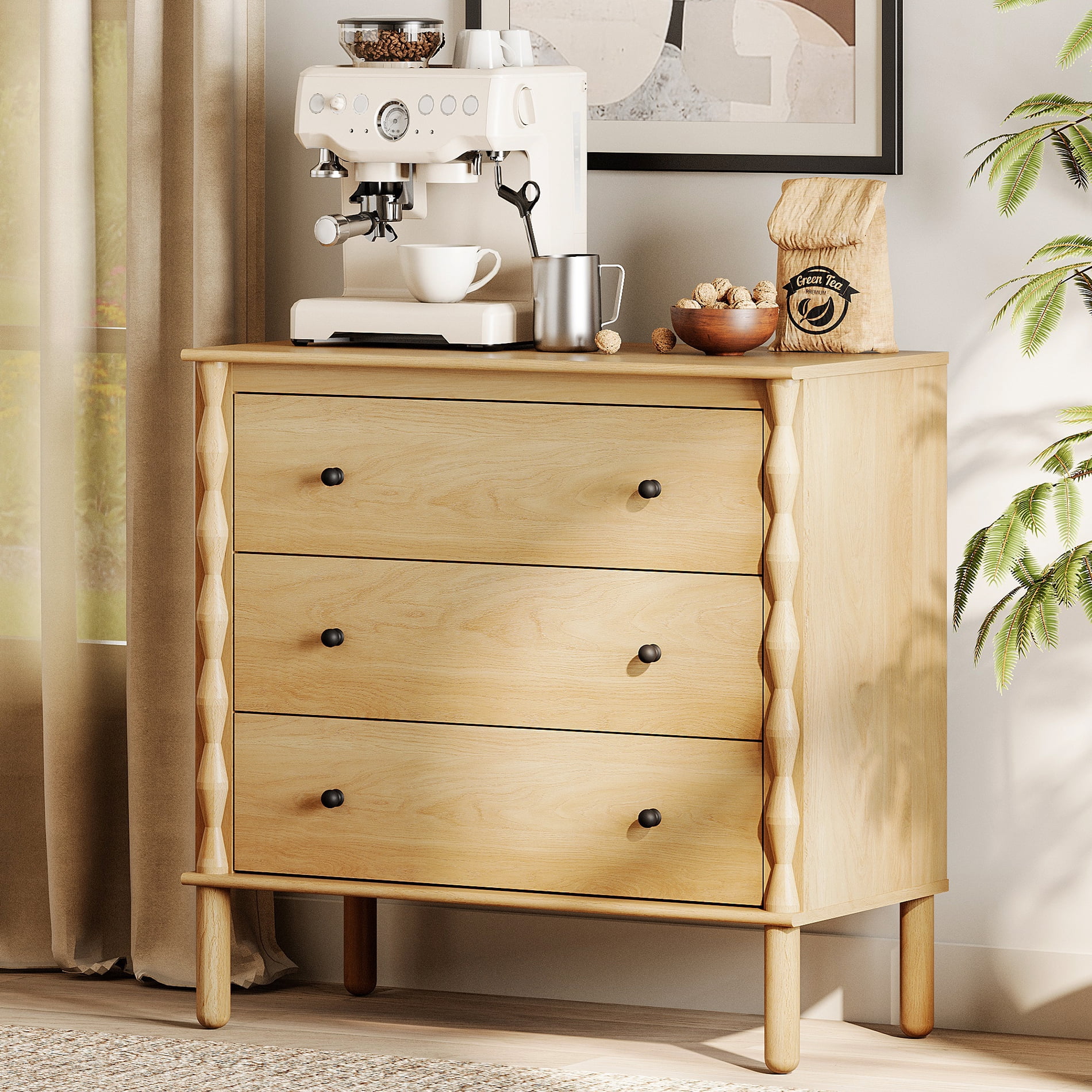WAMPAT Wooden Sideboard with 3 Deeper and pre‑assembled Drawer for Dining Room,Oak