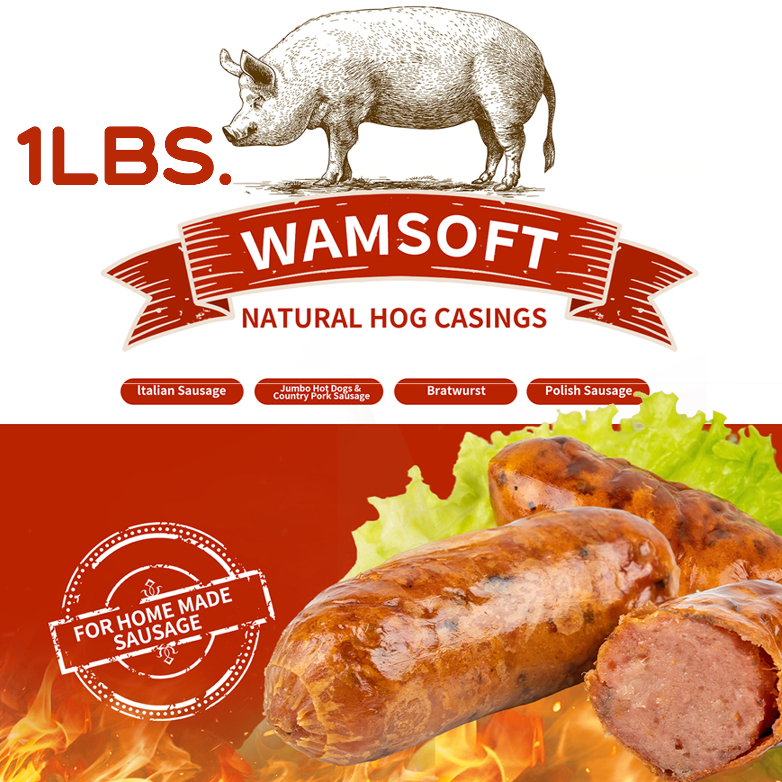 WAMSOFT Natural hog casing 1lbs, Edible Drying Sausage Casings, Flavorous Homemade Sausages,Make