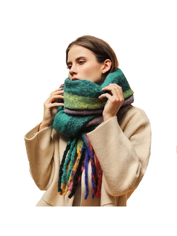 Winter Scarf for Women Chunky Thick Cold Weather Shawl Rainbow Soft Warm Long Skiing Working Scarf Gift,Forest Green