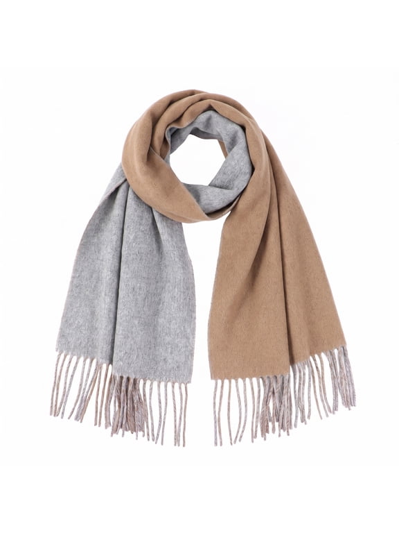 100% Wool Winter Scarf for Men,Women Reversible Scarves Soft Warm Tessels Double-Sided Wrap for Fall and Winter, Light Gray / Oatmeal