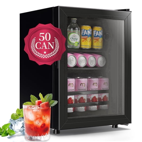 WANAI 1.4 Cu. ft Mini Fridge Beverage Cooler, 48 Cans Drink Fridge Black Glass Door for Beer Soda