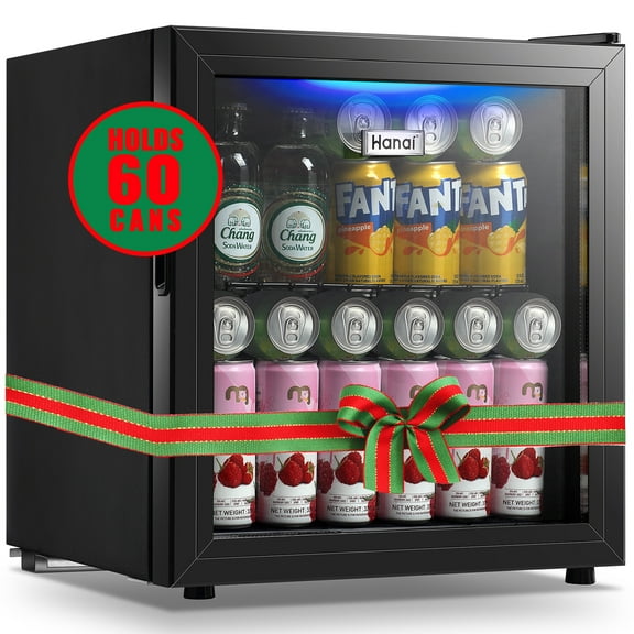 WANAI 1.7 Cu. ft Mini Fridge Beverage Cooler, 60 Cans Drink Fridge Black Glass Door for Beer Soda