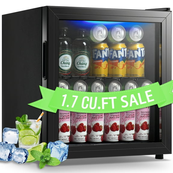 WANAI 1.7 Cu. ft Mini Fridge Beverage Cooler, 60 Cans Drink Fridge Black Glass Door for Beer Soda