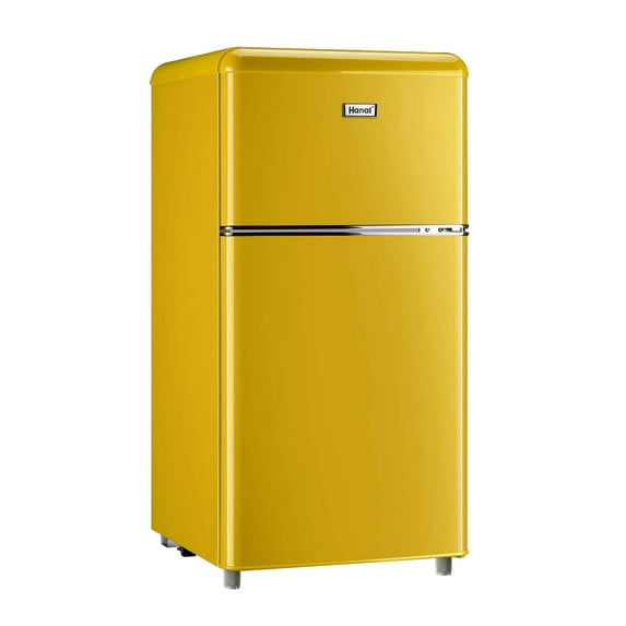 WANAI 3.2.Cu ft Two Door Mini Fridge with Freezer, A retro look,(yellow)