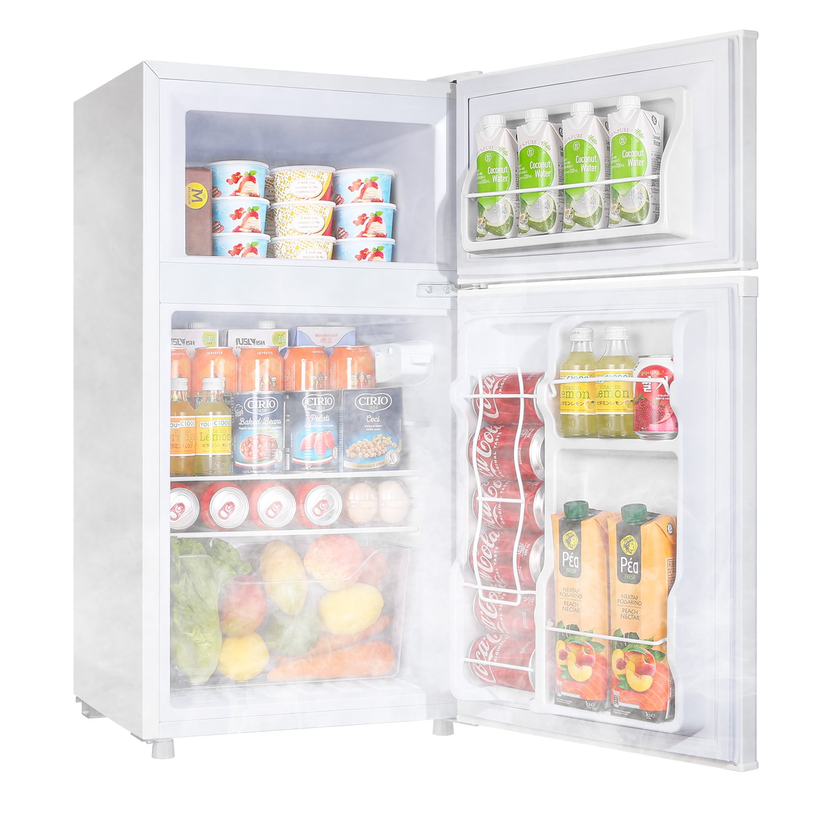 WANAI 3.5 Cu ft Two Door Mini Refrigerator,2 in 1 Mini Fridge with Freezer, 7-Level Temperature Adjustment,with  LED lights,White,for  Dorm/bedroom/office/apartment