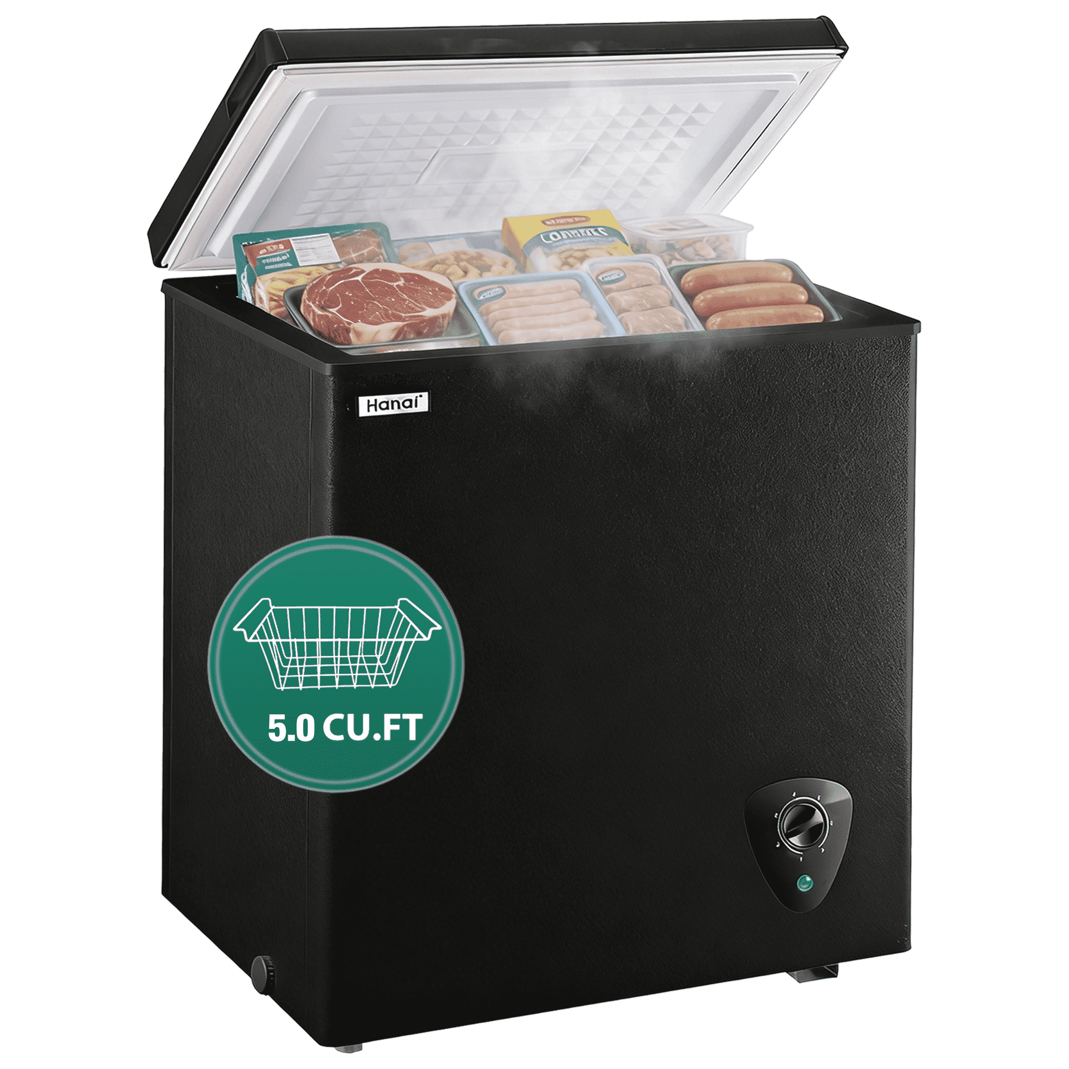 WANAI 5.0 Cu.Ft Black Deep Freezer, Compact Chest Freezer with Removable Basket, 7-Speed Temp Control, Energy Saving, Top Door Design for Kitchen Garage Office
