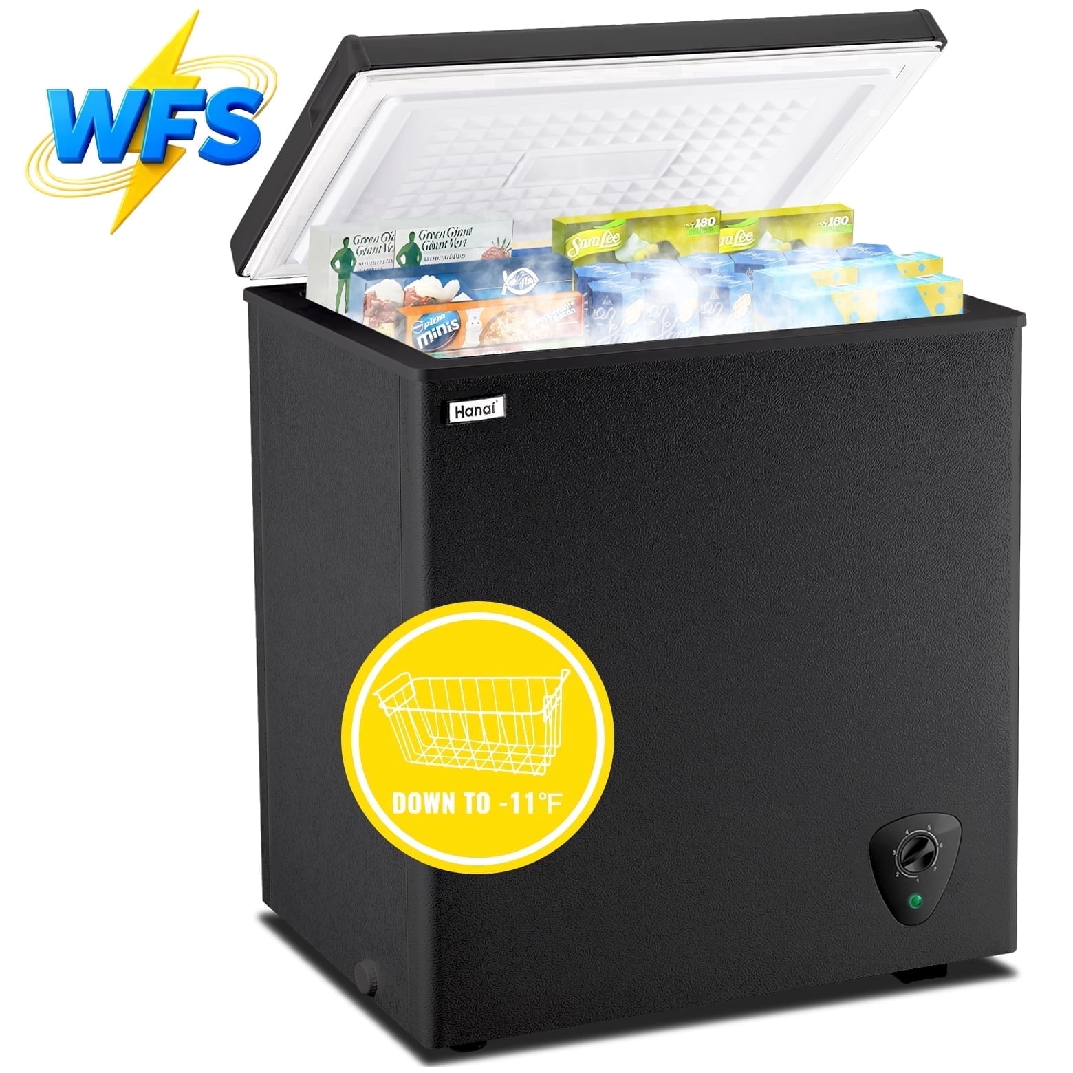 WANAI 5.0 Cubic Feet Small Deep Freezers with Removable Storage Basket Compact Chest Freezer Black