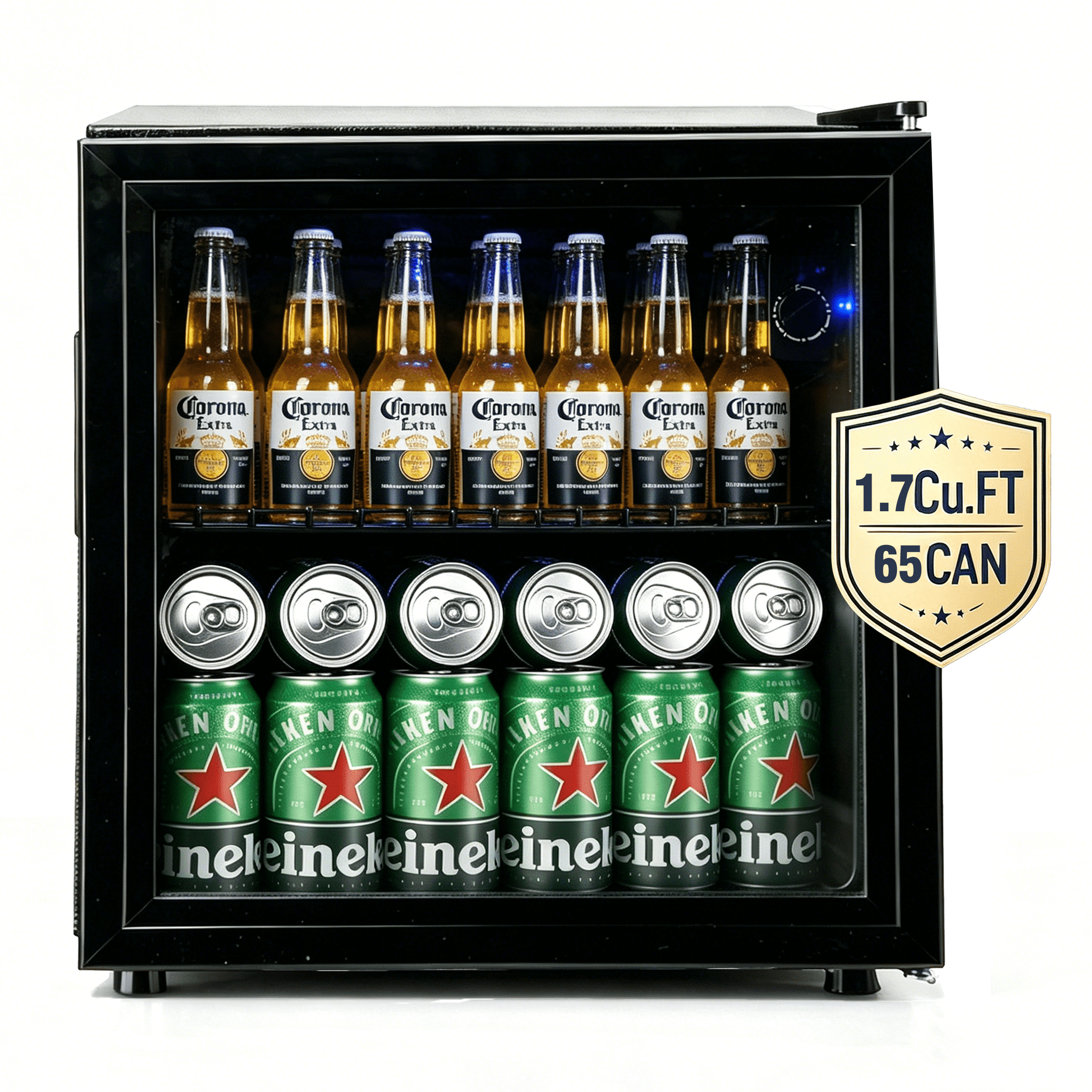 CALLIEVER 1.7 Cu. ft Mini Fridge,62 Can Mini Beverage,Refrigerator Cooler,Mini Fridge with Glass Door,Stainless Steel Look,Black