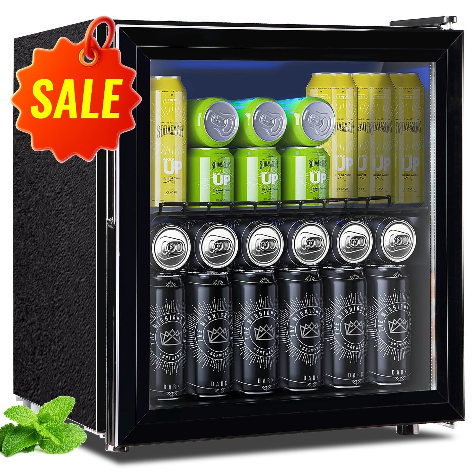 WANAI Beverage Refrigerator Cooler 1.7 Cu.ft Beer Fridge with Glass Door LED Light Adjustable Shelf