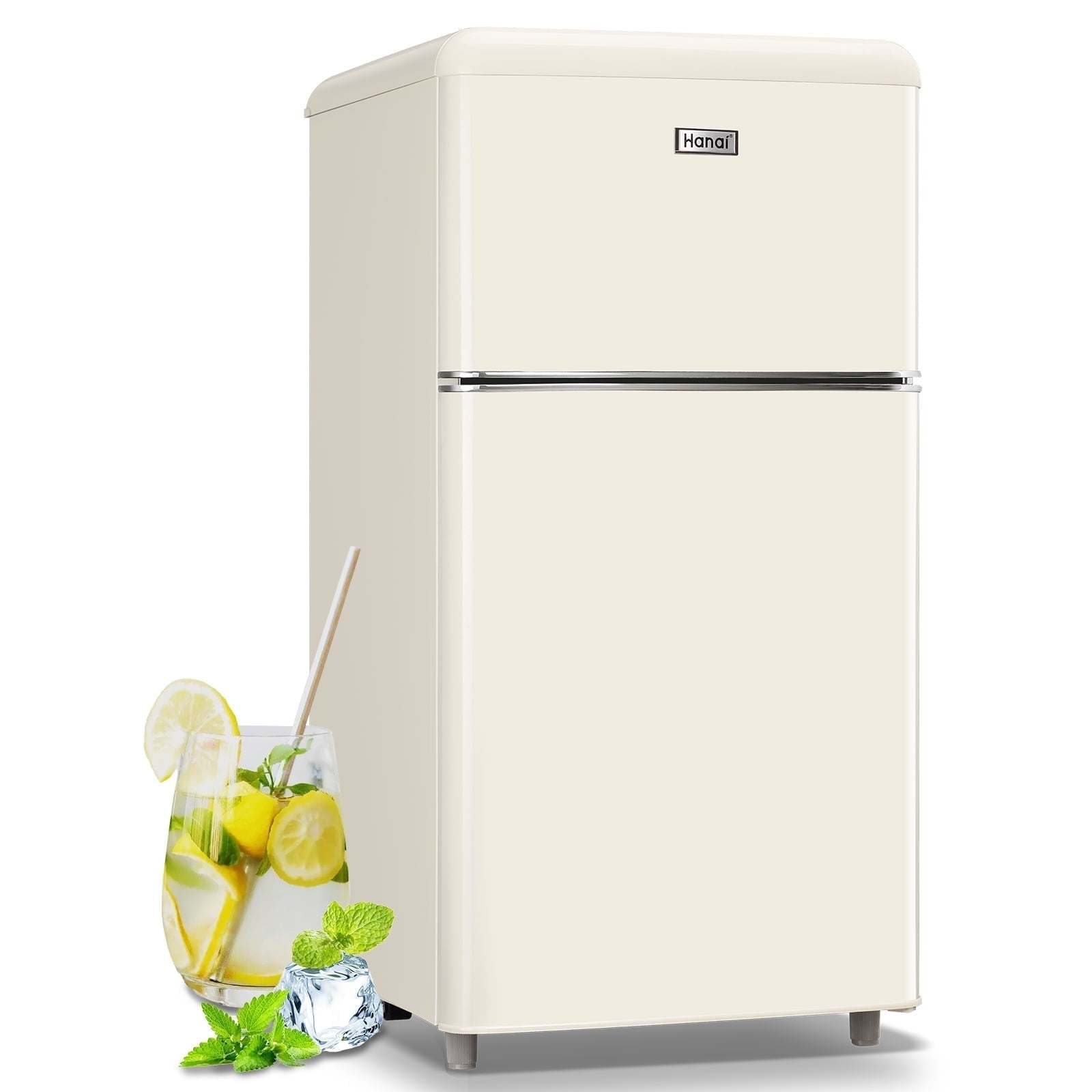 Compact Cream Freestanding Mini Fridge with Glass Shelves