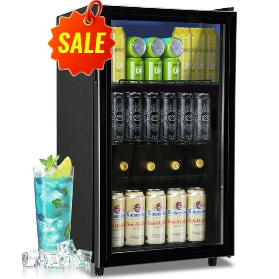 WANAI Beverage Refrigerator Cooler 3.5 Cu.ft Beer Fridge with Glass Door LED Light Adjustable Shelf