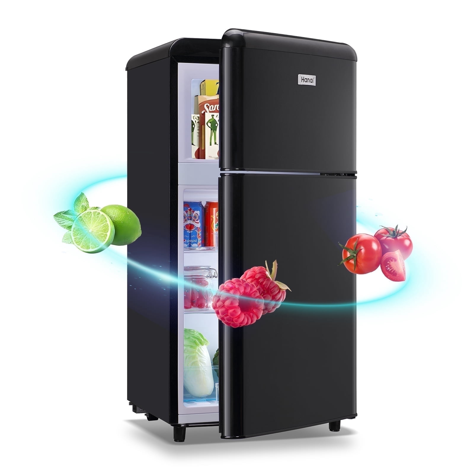WANAI Small Black Dual Door Refrigerator 3.5 Cu.ft Fridge with Top Freezer for Dorm Apartment New