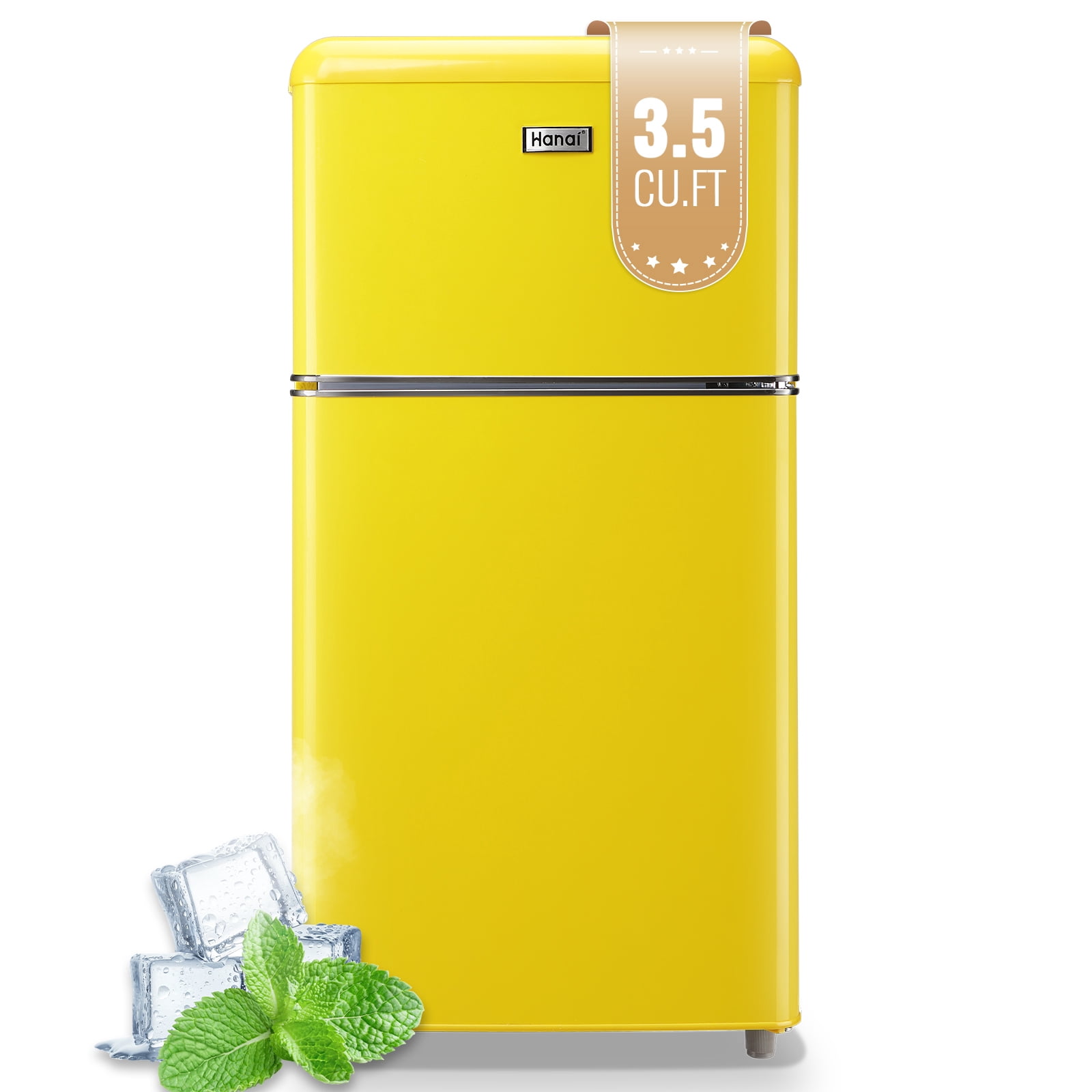 WANAI Small Retro Dual Door Refrigerator 3.5 Cu.ft Yellow Fridge with Freezer for Dorm Apartment New