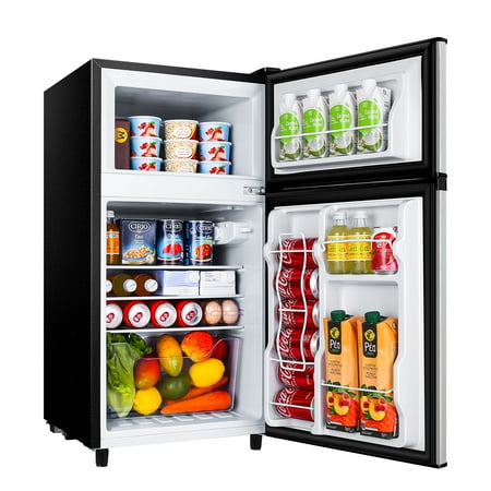 WANAI Two Door Mini Fridge with Freezer, 3.5 Cu ft Small Freezer,Silvery