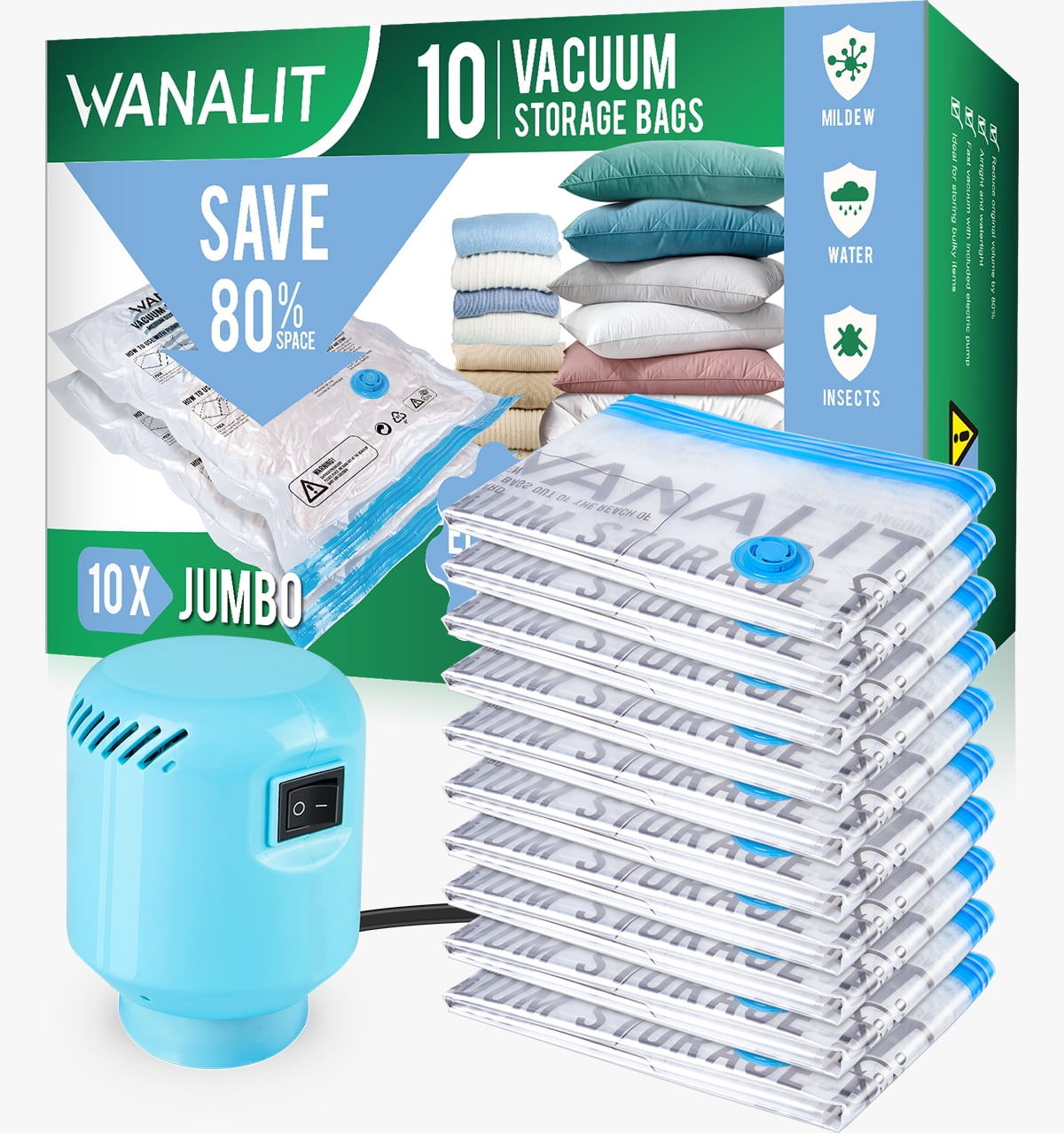 WANALIT 10 Pack Vacuum Storage Bags S with Electric Pump Reusable