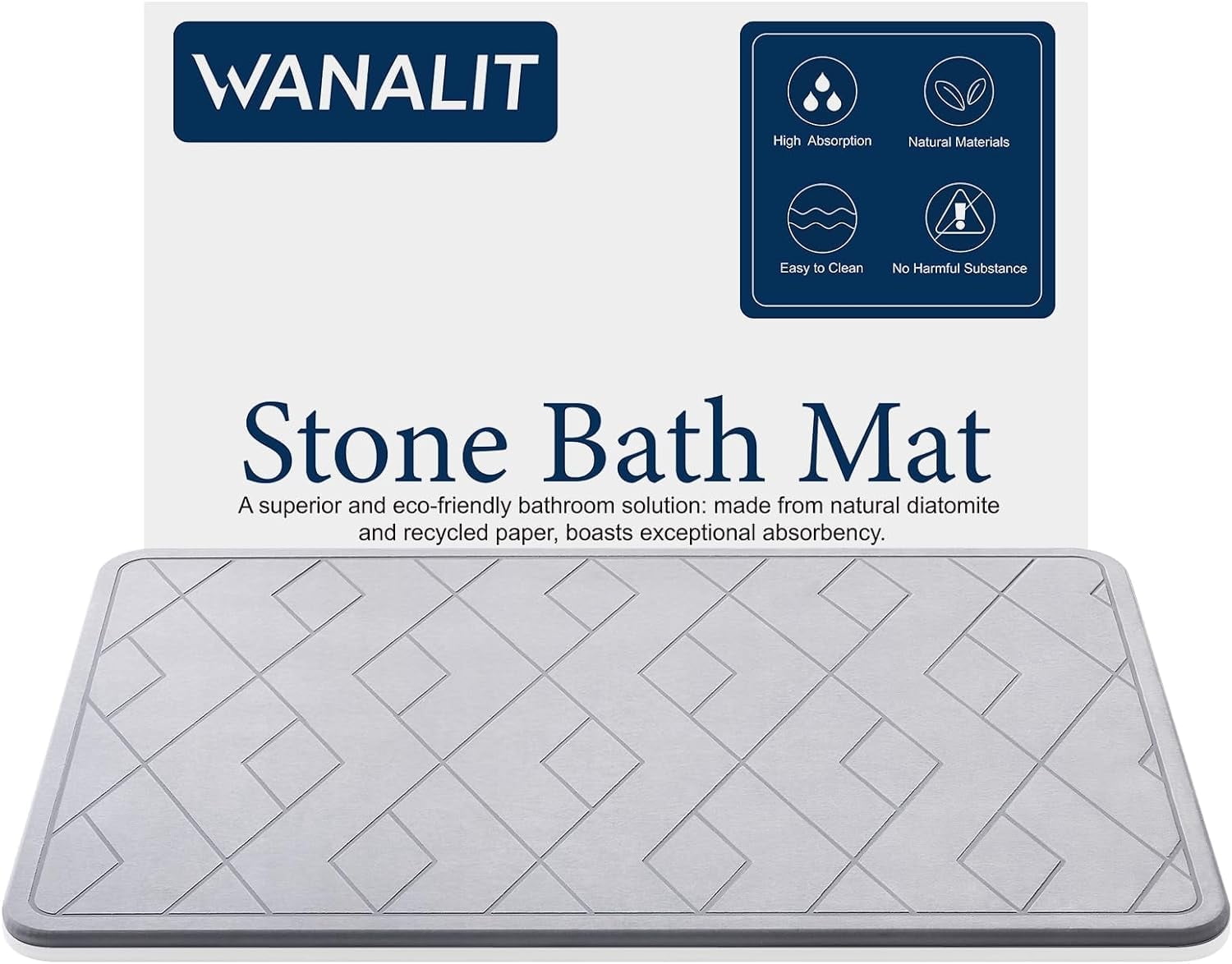 WANALIT Stone Bath Mat, Quick Drying Diatomaceous Earth Shower Mat with NONSlip Pad, Super