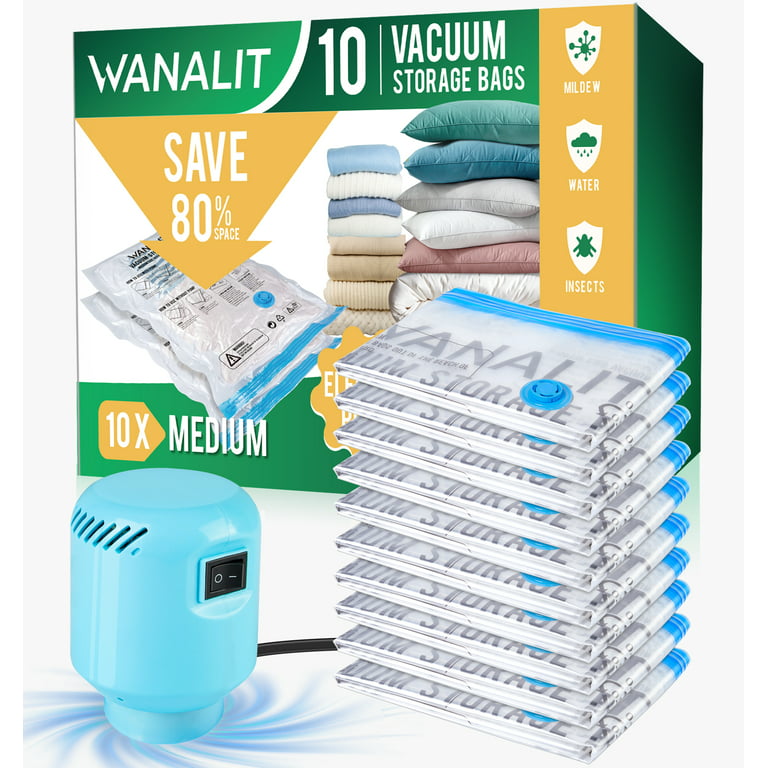 WANALIT Vacuum Storage Bags (10 Medium), Vacuum Sealer Compression Airtight  Bags with Electric Pump, Space Saver Bags for Clothes, Bedding, Pillows,  Comforters, Blankets Storage 