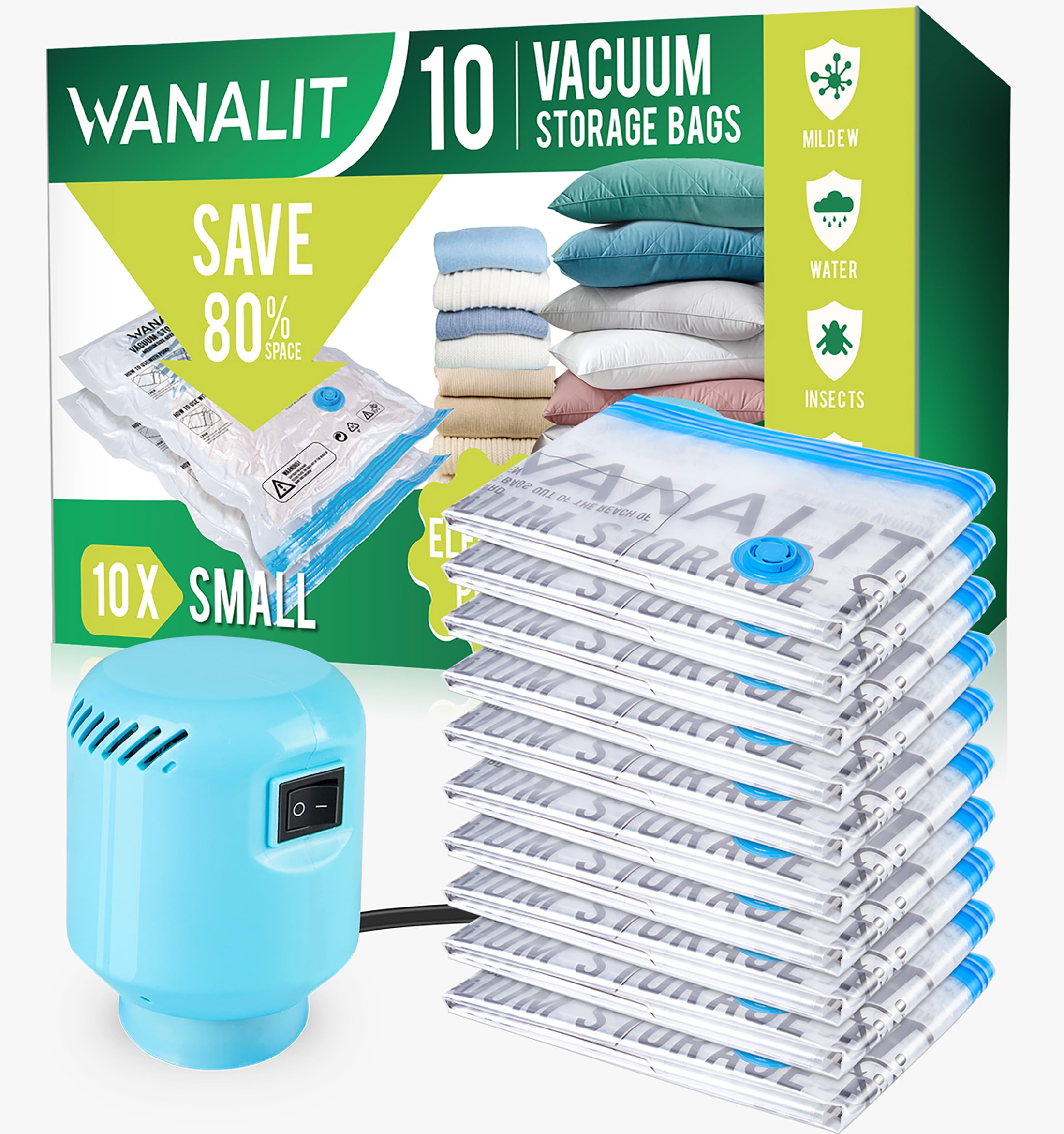 Wanalit Vacuum Storage Bags (10 Medium), Vacuum Sealer Compression Airtight Bags with Electric Pump, Space Saver Bags for Clothes, Bedding, Pillows