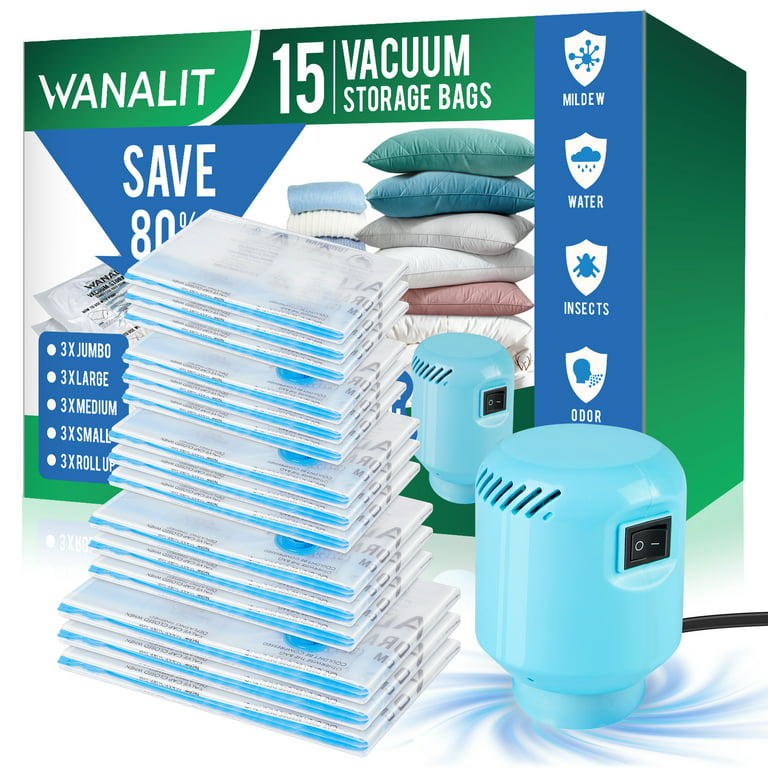 WANALIT Vacuum Storage Bags,15 Combo Space Saver Vacuum Storage Bags(3  Jumbo/3 Large/3 Medium/3 Small/3 Roll up), Airtight Vacuum Sealed Bags with