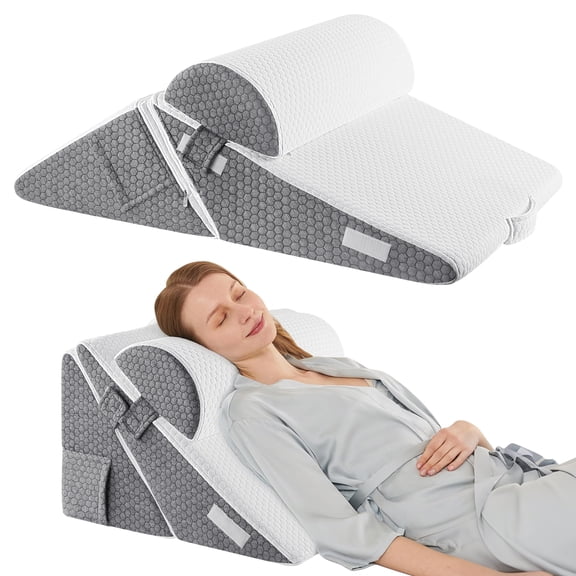 WANALIT Wedge Pillow for Sleep Apnea, Adjustable Wedge Pillow Headboard, Bed Wedge Pillow for Acid Reflux and Back Pain Relief, Pillow Wedge for Sleeping with Neck Support Pillow, White & Grey