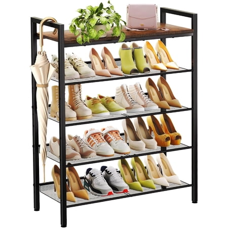 WANBIN 5-Tier Shoe Rack for Entryway, Metal Organizer for 16-20 Pairs, Free Standing for Closet, Black & Rustic Brown