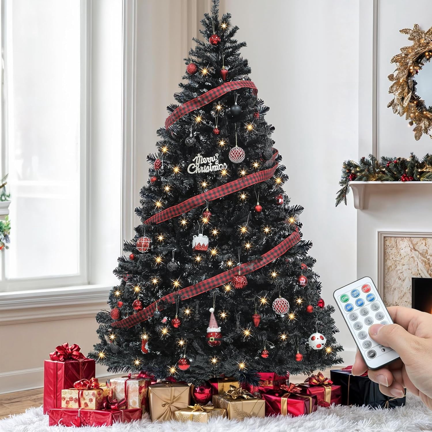 WANBIN 6ft Pre-lit Black Christmas Tree with Remote, 818 Tips, 250 ...