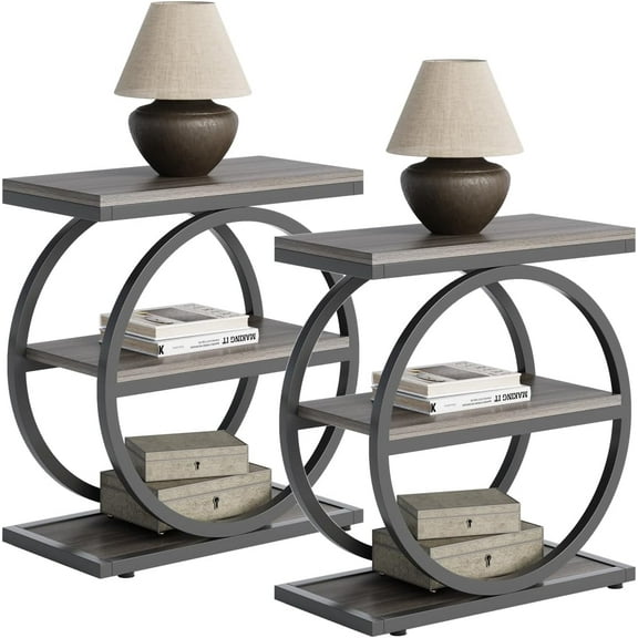 WANBIN End Table Set of 2, 3-Tier Shelves, Slim, Tall, Grey and Black