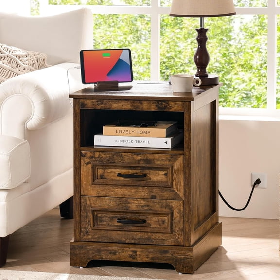 WANBIN Farmhouse Nightstand with Charging Station - 18" Wide Wood Night Stand with Drawers & Open Shelf, 24" Tall