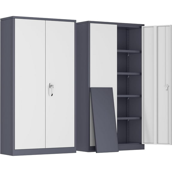 WANBIN Metal Garage Storage Cabinet with 2 Doors & 4 Adjustable Shelves, Tall Locking Steel Tool Cabinet for Home, Office, Garage, School, Gray White