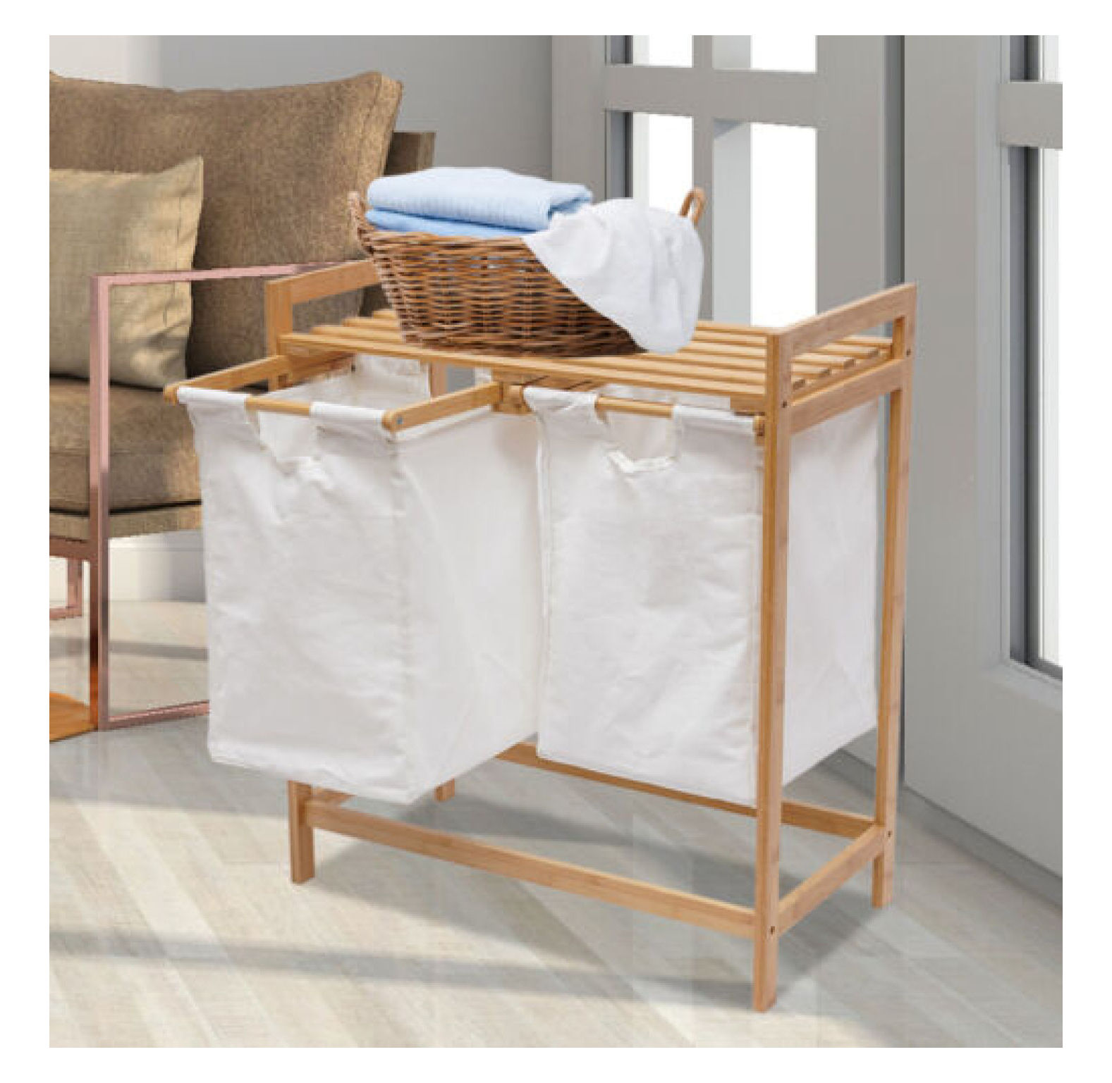 WANCQ Bamboo Frame Laundry Hamper with Dual Basket TwoSections