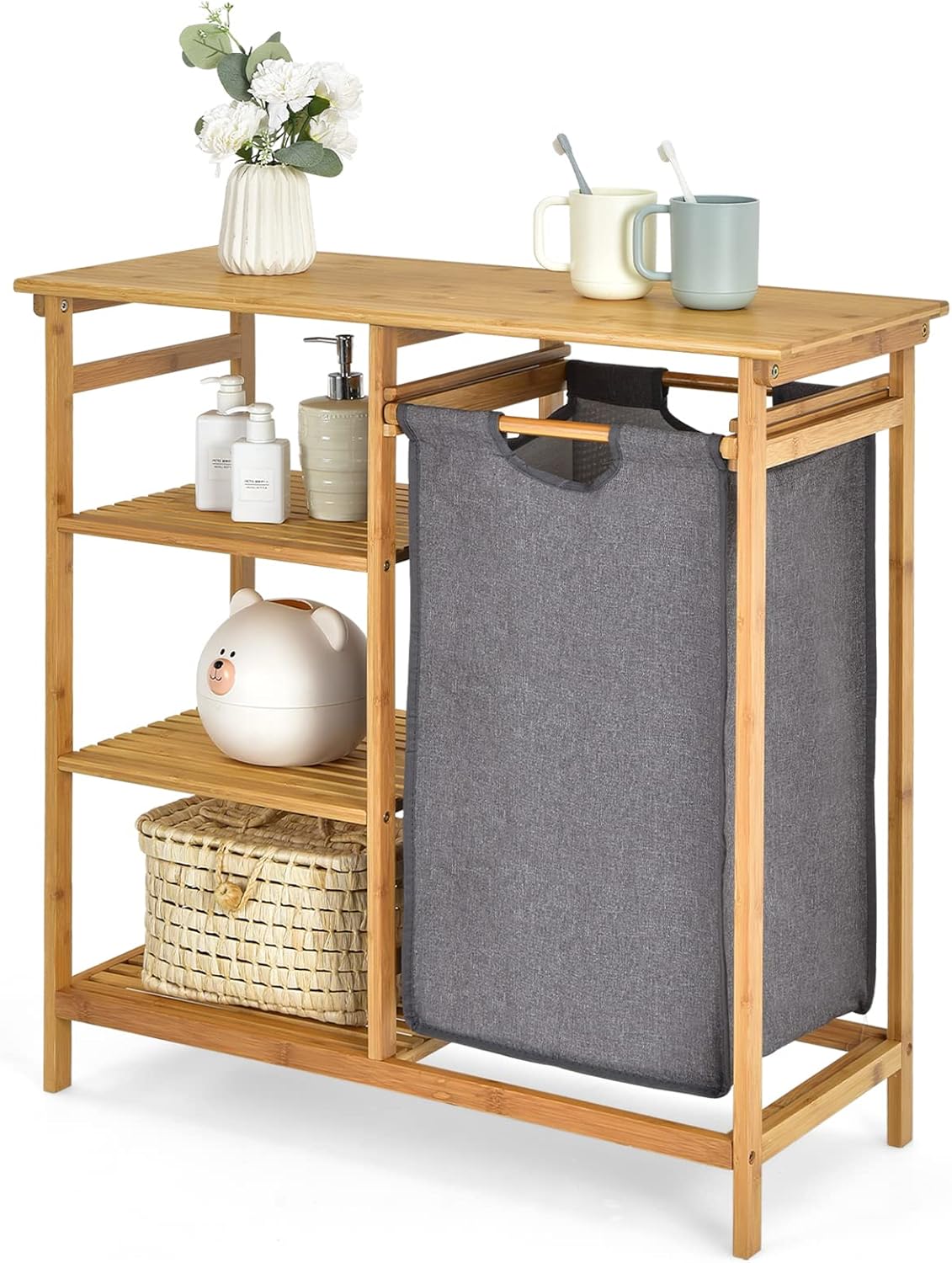 WANCQ Bamboo Laundry Hamper Stand, Freestanding Laundry Organizer w ...