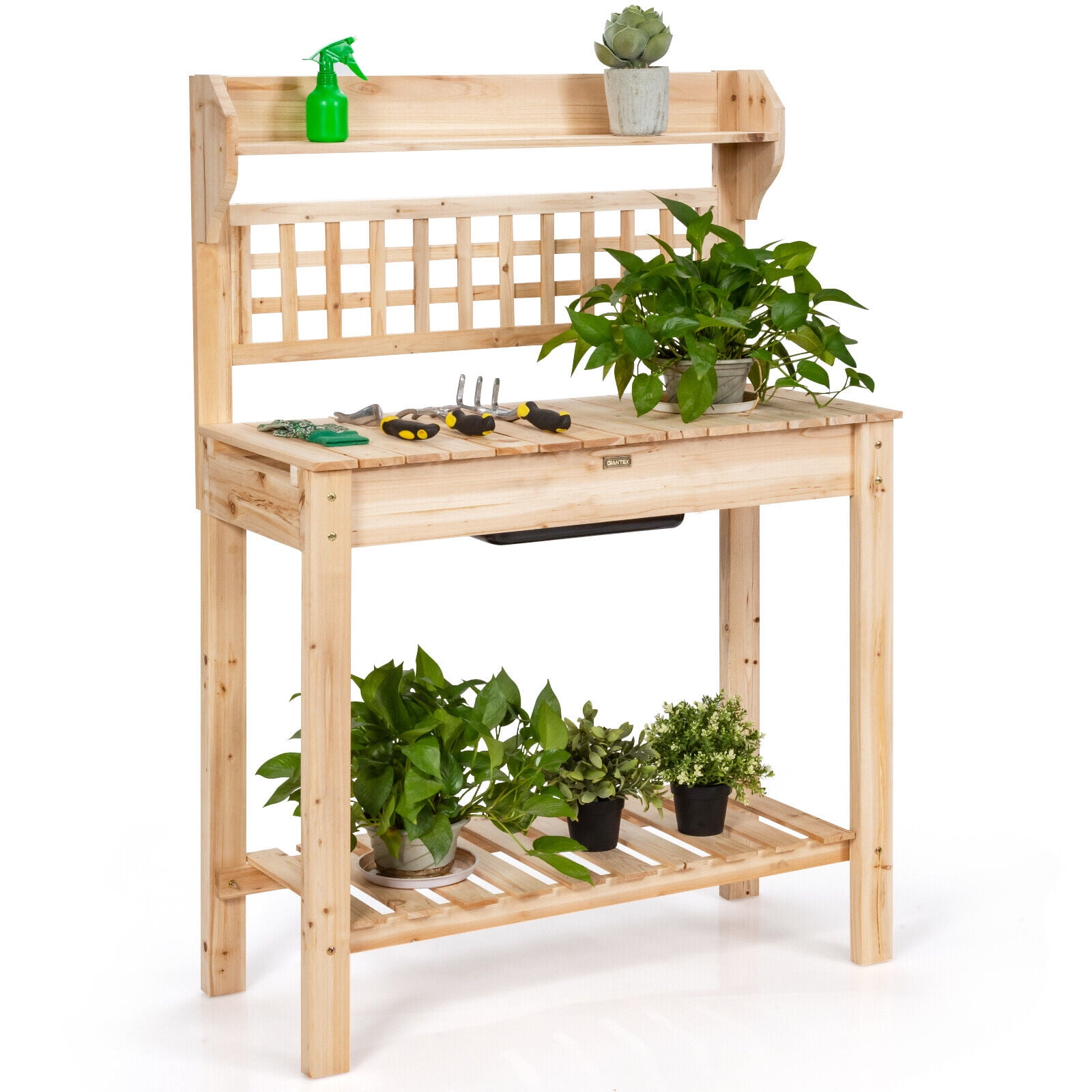 Natural Fir Wood Garden Potting Bench with Sliding Tabletop and Sink