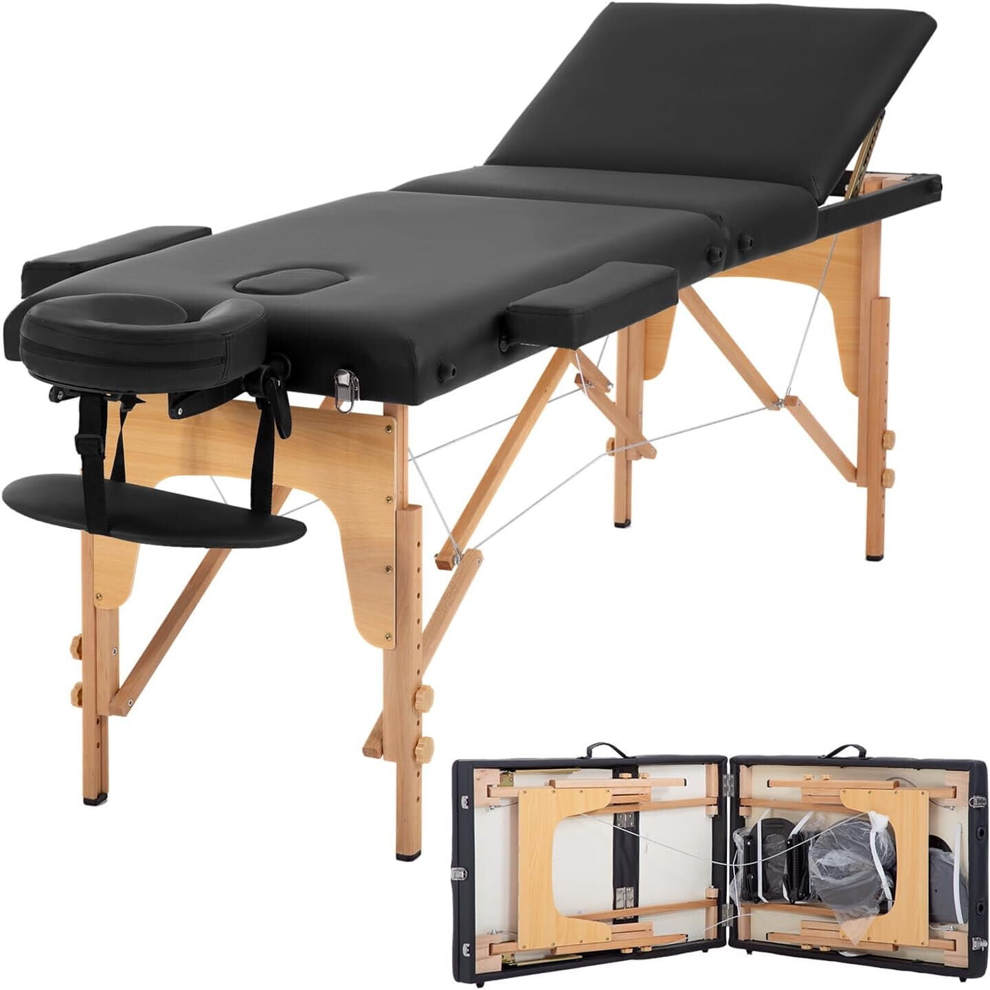 Black Adjustable Portable 3-Fold Massage Table with Beech Wood Frame