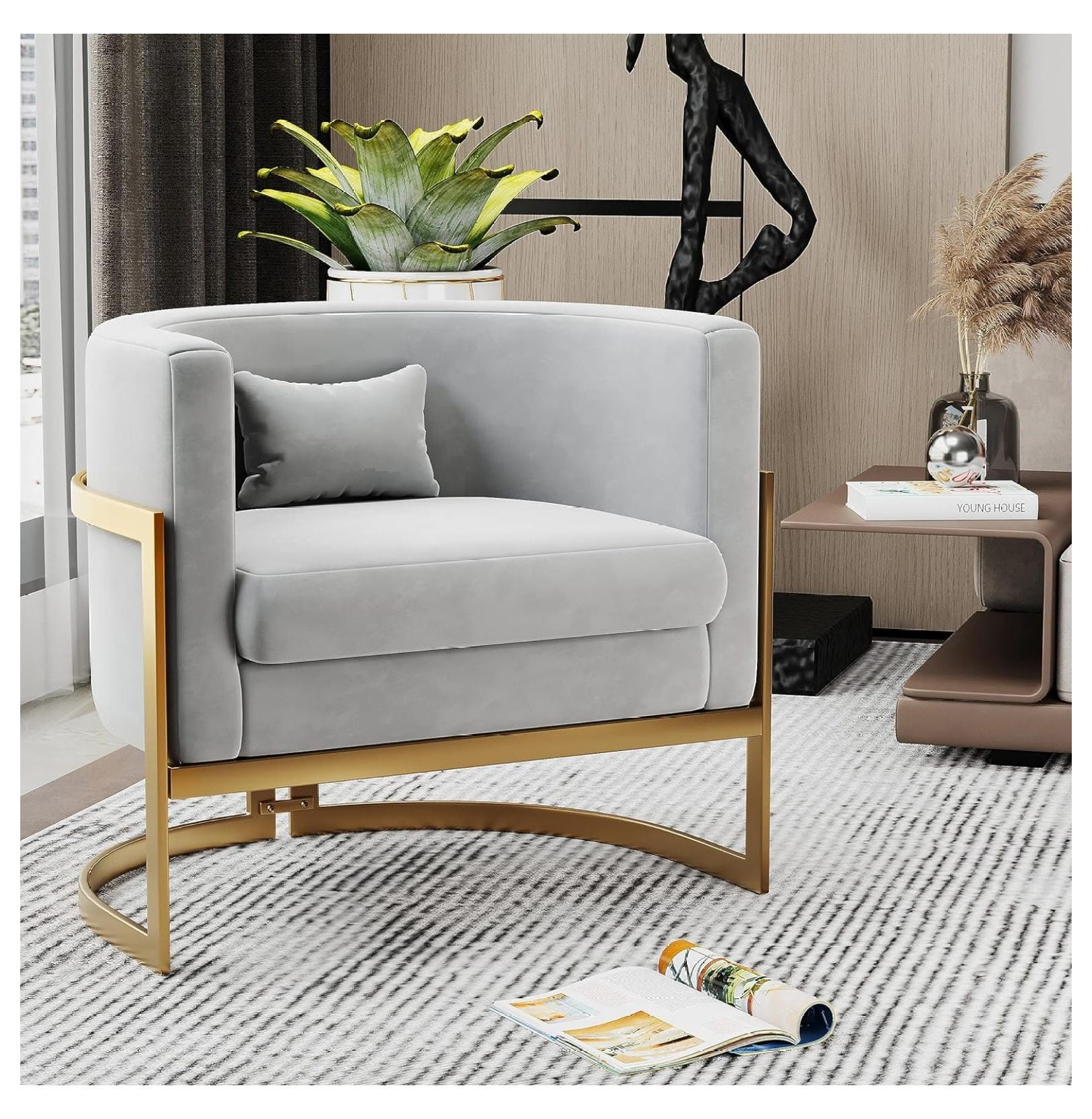 WANCQ Modern Grey Velvet Barrel Accent Chair Living Room Chairs ...