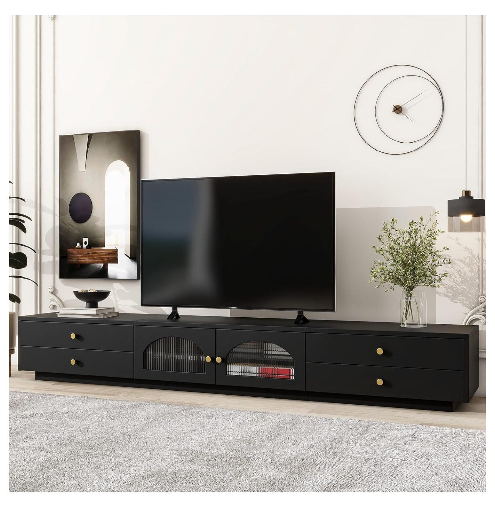 WANCQ Modern TV Stand for 90"+ TV, Extra Long TV Console with 2 Doors & 4 Drawers, Large Media ...