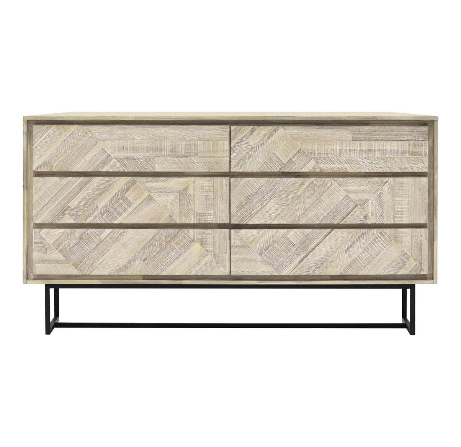 Transitional Acacia Wood 6-Drawer Dresser with Black Metal Base