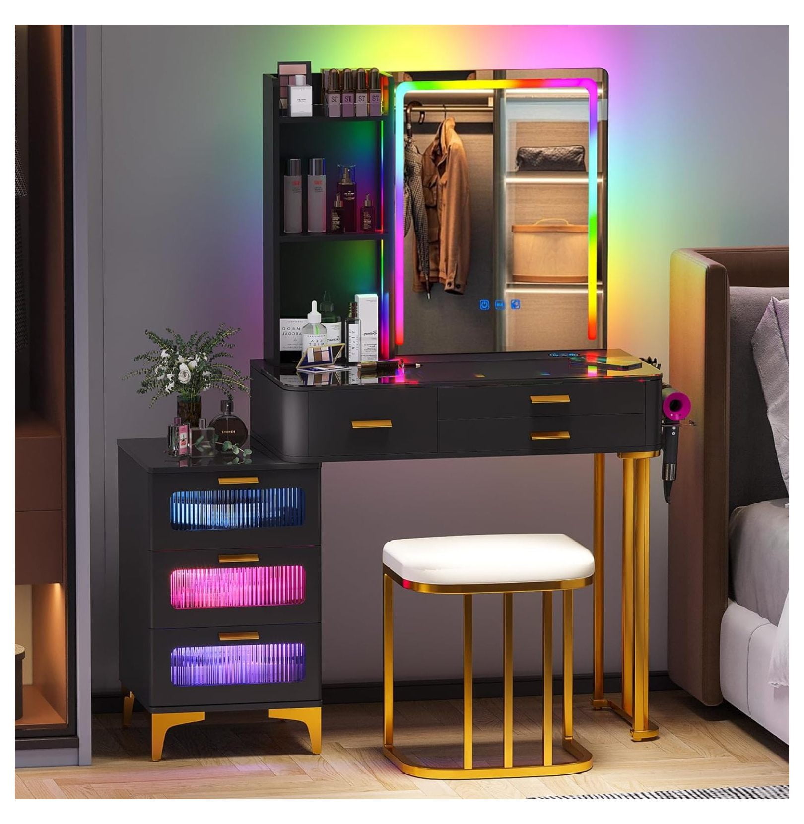 WANCQ RGB Vanity Desk with Mirror and Lights, Glass Top Makeup Vanity