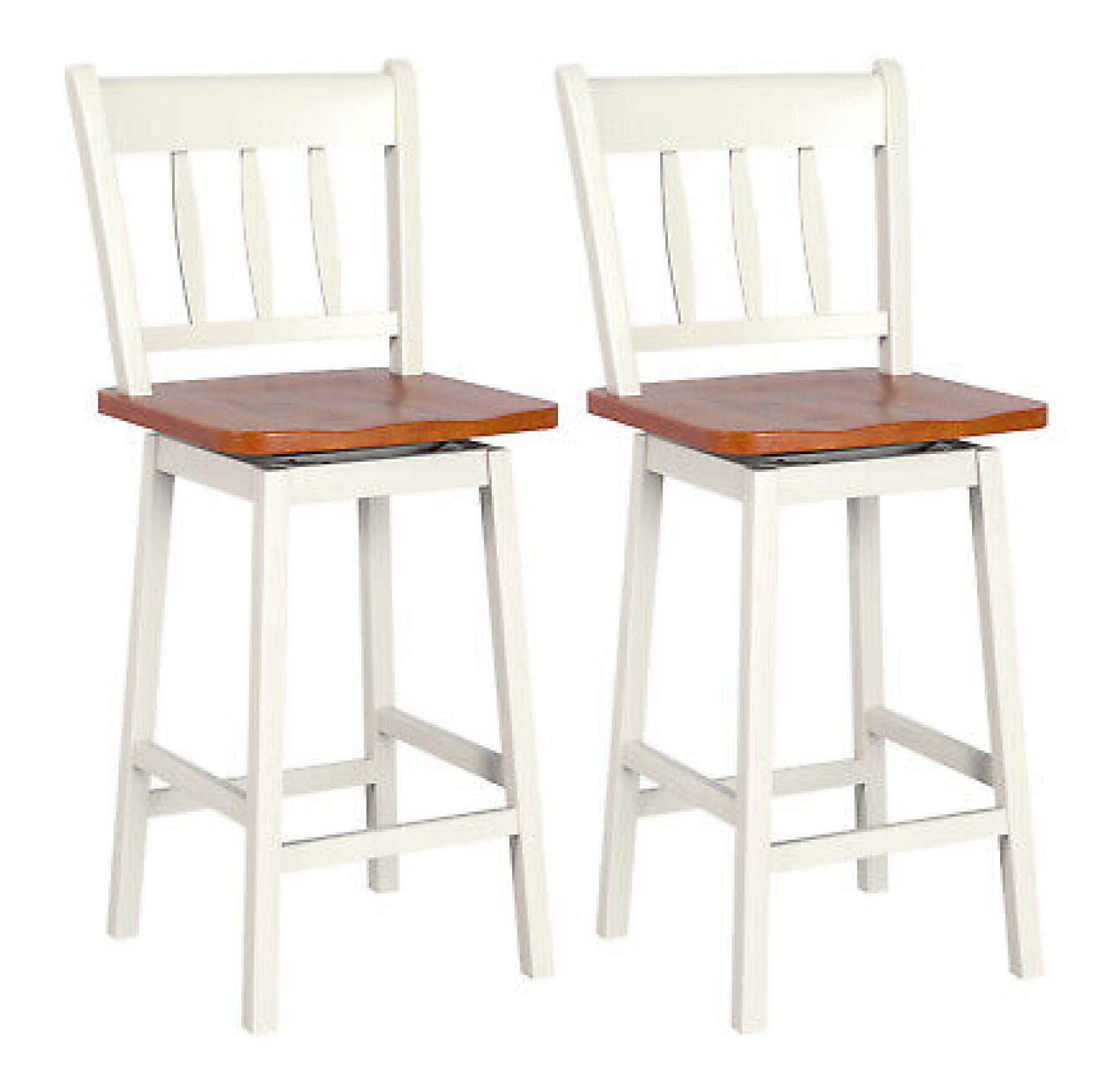 White and Wood Swivel Bar Stools with Metal Frame, Set of 2
