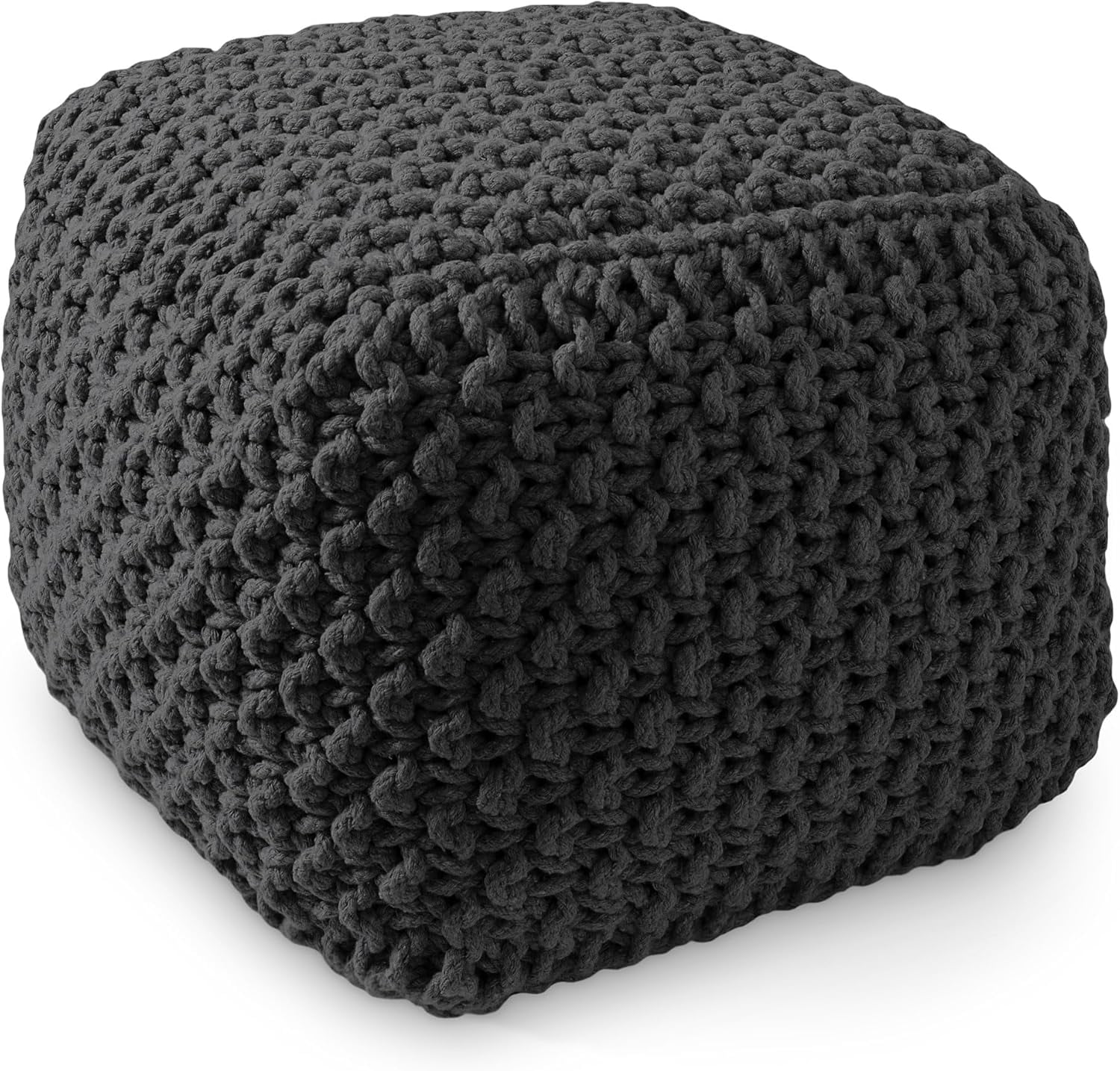 Black Hand-Knitted Cotton Square Pouf Ottoman