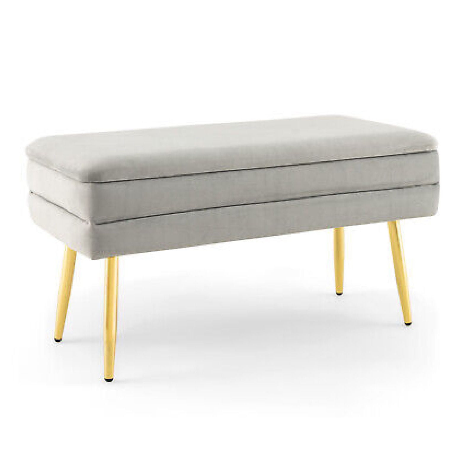 Grey Velvet Upholstered Storage Bench with Gold Metal Legs