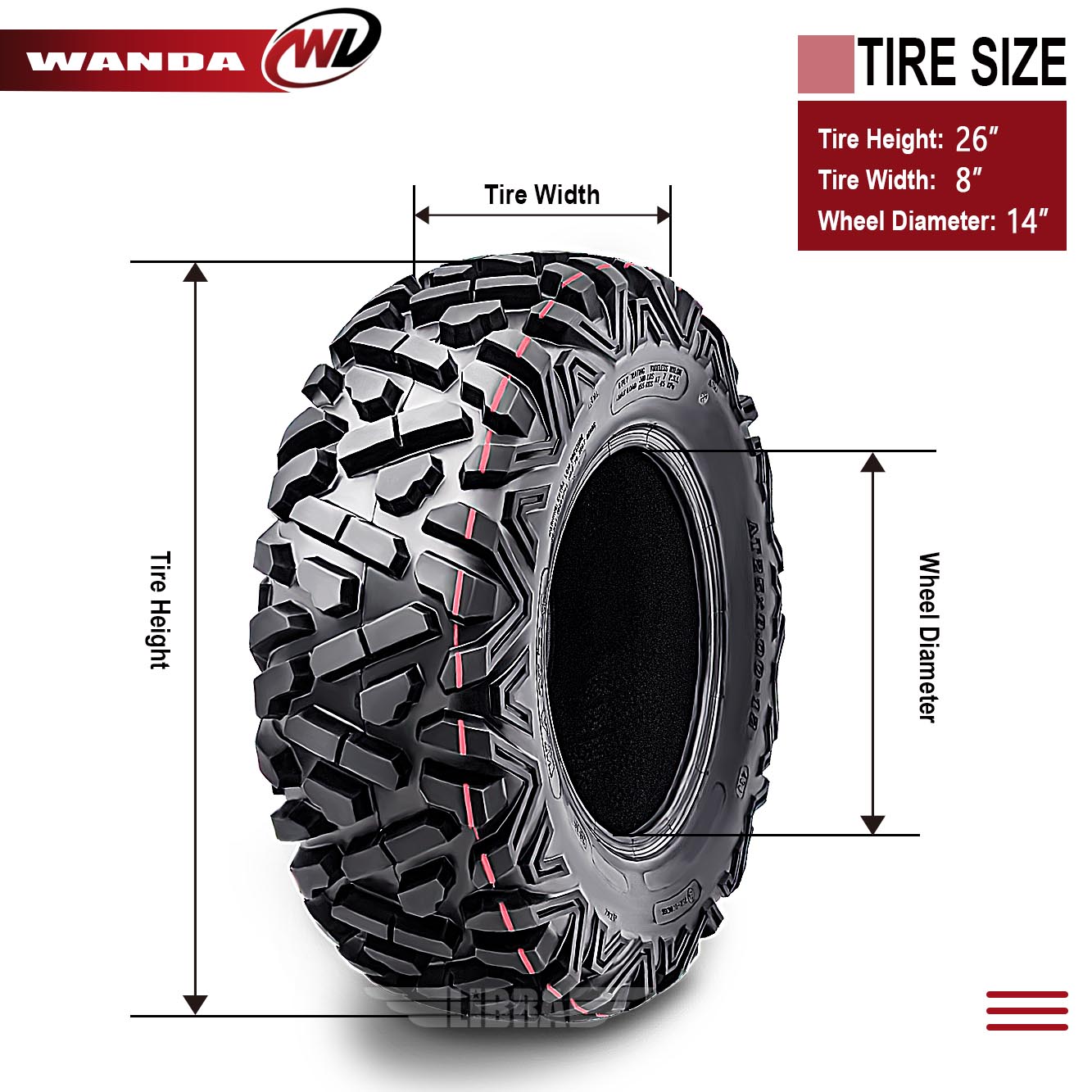 WANDA 26X814 UTV ATV Tires 6 Ply 26x8x14 Bighorn Style Set 4 10183