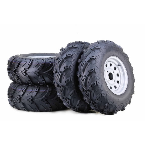 WANDA ATV Tire & wheel Set 25x8-12 & 25x10-12 8-Ply Mud Sling on 4-110 PCD 5+2 OS Silver Wheels, SET 4
