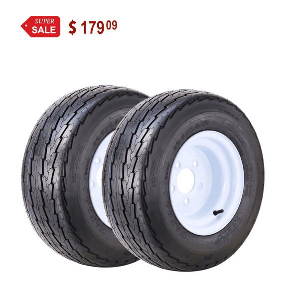 WANDA Trailer Tire Wheel Assembly 20.5x8-10 10-Ply E 95L w/ 5 Lugs on 4.5" PCD White Rim Installed ,SET 2