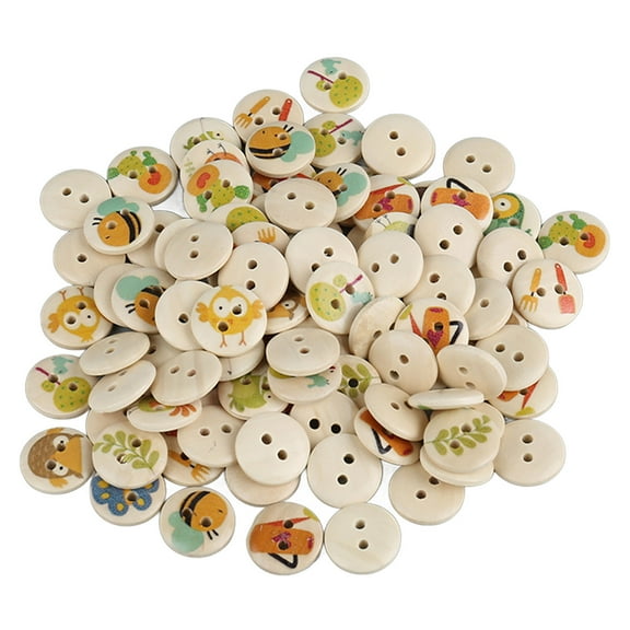 WANDCO 100pcs Mixed Printing Wooden Buttons 2 Holes Round Decorative Wooden Buttons for Sewing Craft Log Color Countryside