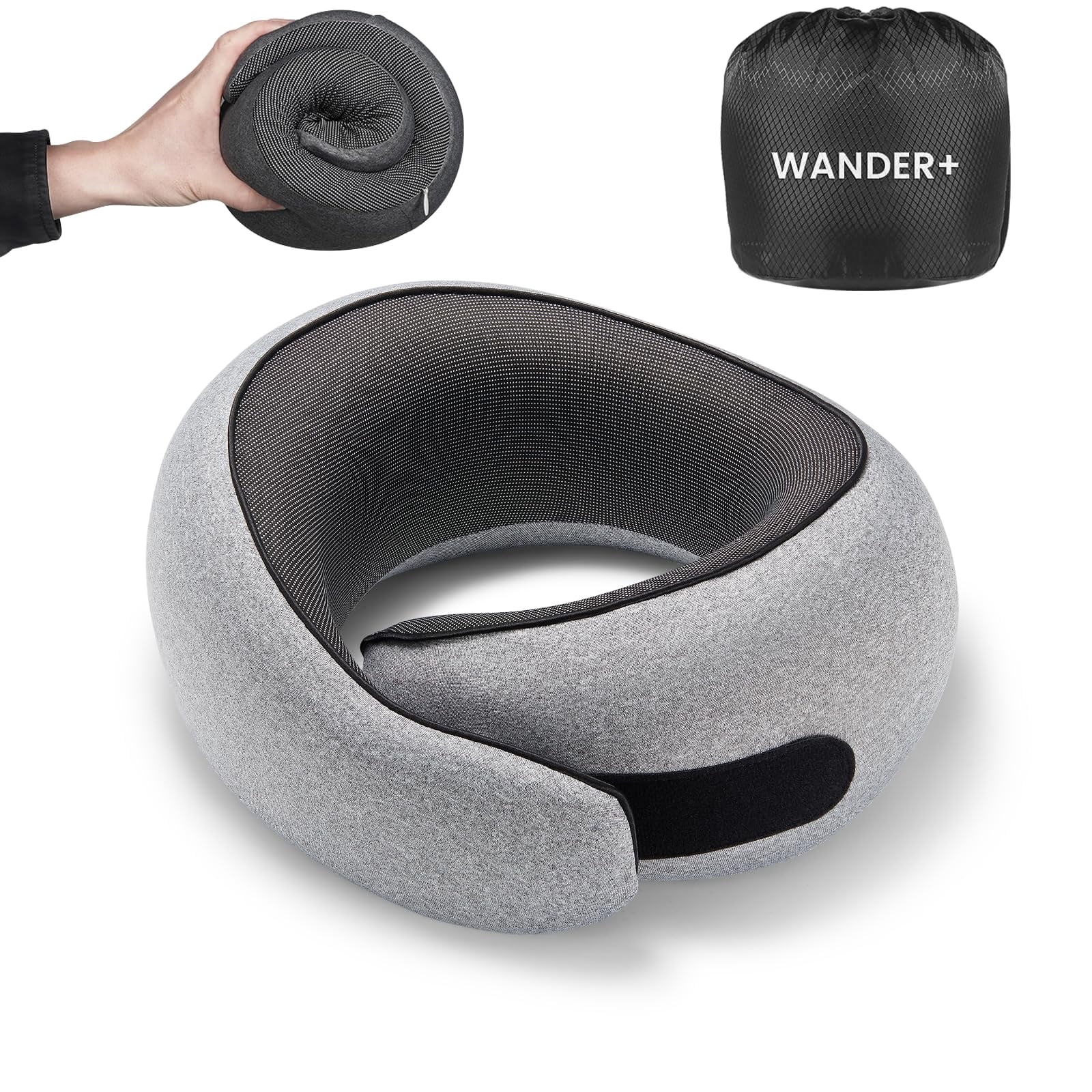 WANDER+ Travel Pillow, 100% Pure Memory Foam Airplane Pillow Neck Support Ergonomic Design for Sleeping Plane Car Train Office Flight, Gray