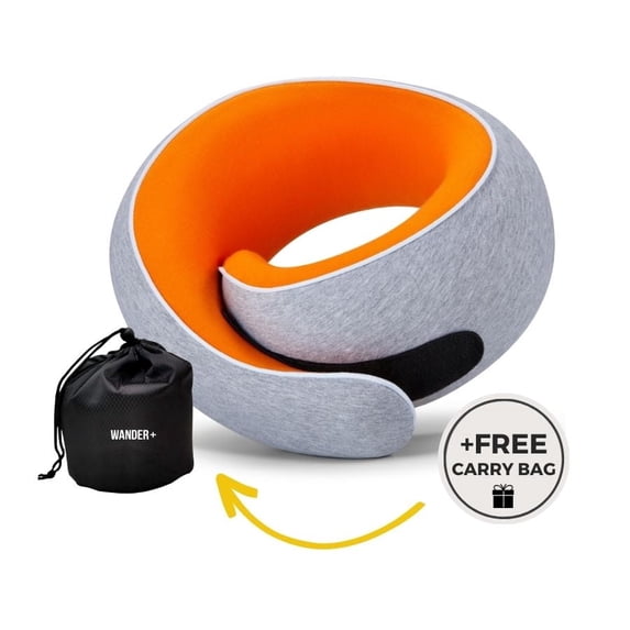 WANDER+ Travel Pillow, 100% Pure Memory Foam Travel Neck Pillow Airplane Neck Support Ergonomic Design Best for Sleeping Plane Car Train Office Flight for Adults ,Orange