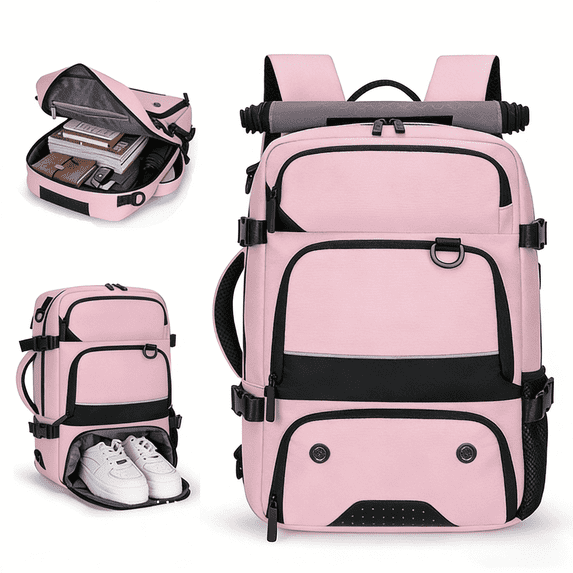 WANDF 15.6 in Laptop Backpack for Men Women,Gym Backpack with Shoe Compartment, Airline Approved Carry on Travel Bag with USB Charging Port,Casual Backpack for Commuting,Work,Hiking(Pink)