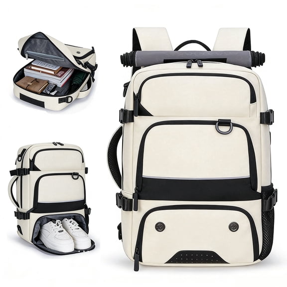 WANDF Large Travel Backpack with Shoe Compartment,16 inch Laptop Backpack for Women,Gym Backpack, Airline Approved Carry on Bag with USB Charging Port,Casual Backpack for Hiking,Work(Beige)