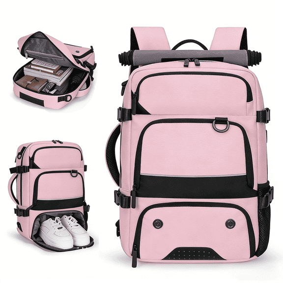 WANDF 15.6 in Laptop Backpack for Men Women,Gym Backpack with Shoe Compartment, Airline Approved Carry on Travel Bag with USB Charging Port,Casual Backpack for Commuting,Work,Hiking(Pink)